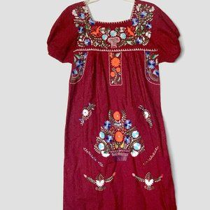 1970s  Elaborate Embroidered Peasant Dress - Cotton - with flowers and birds M